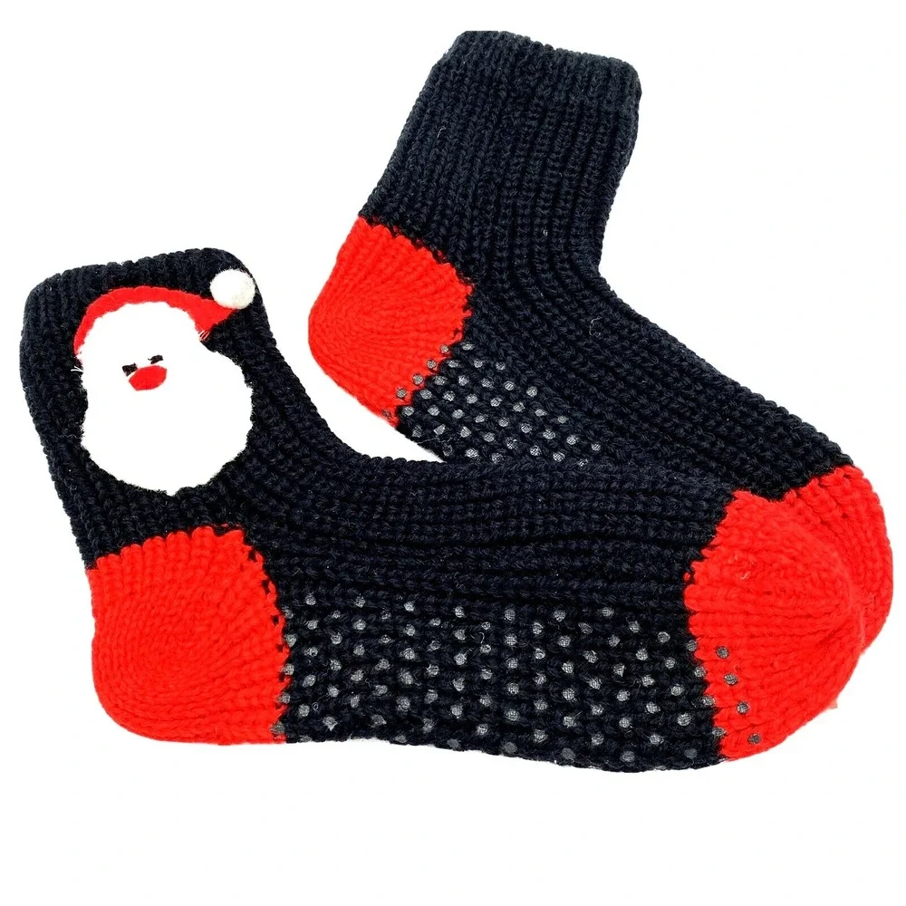 Christmas Santa Slipper Socks Black & Red One Size with Bottom Grips NEW